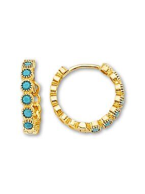 14K Yellow Gold Turquoise Huggies Earrings | Dainty Hoops By Tehrani Jewelry